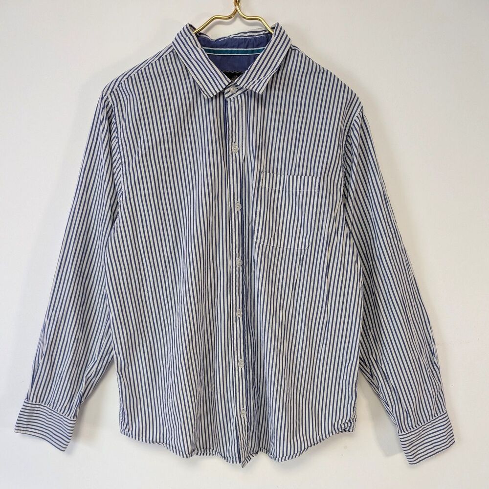 Caribbean Joe Men’s White & Blue Striped Long Sleeve Button Down Shirt, Size M